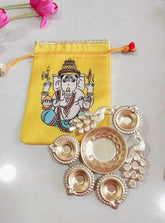 5 Urli Diya With Ganesha Print Potli Bags Combo Set, Wedding Return Gift, Housewarming Gift, Festival Gift, Anniversary Gift (Copy)